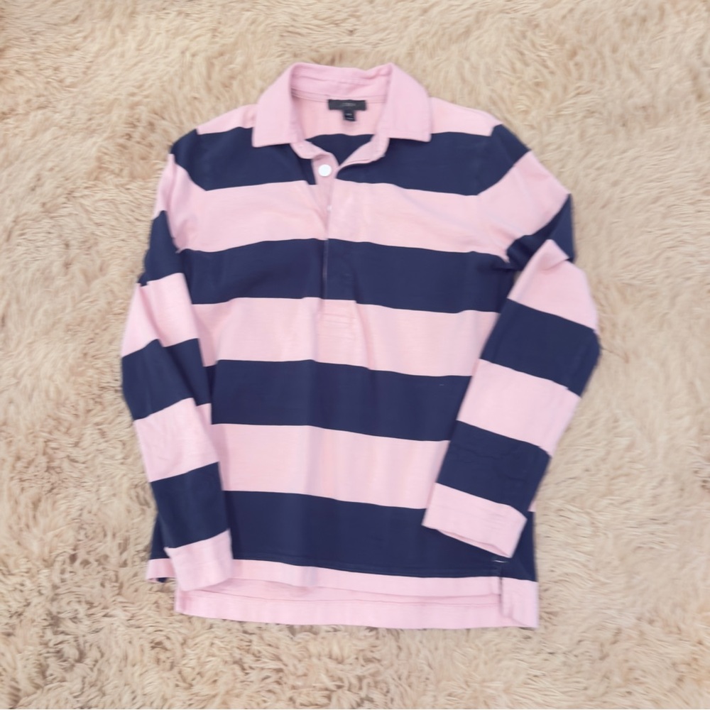 J Crew Pink and Navy Striped Long Sleeve Polo Shirt